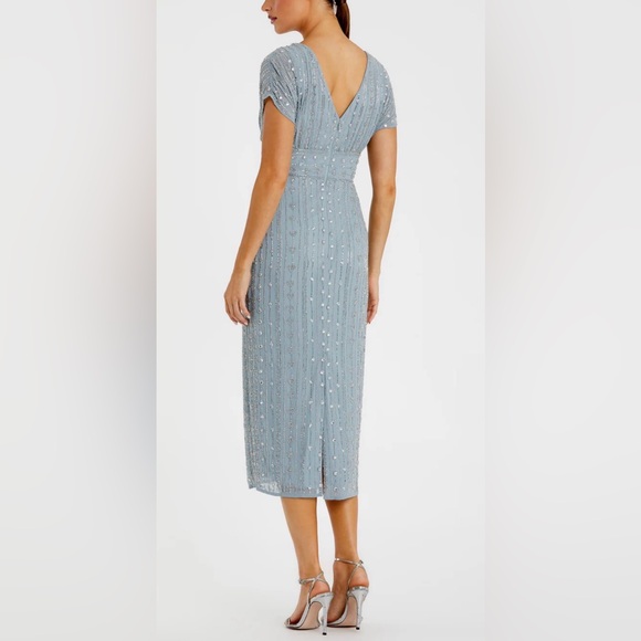 Mac Duggal Beaded Cap Sleeve Colum Midi Dress in Slate Blue - Picture 2 of 11